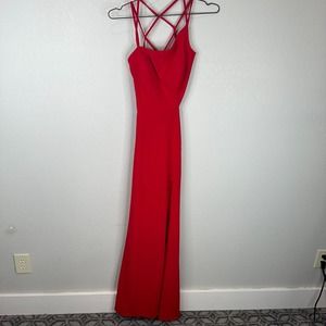 La‎ Femme 27126 Prom Gown Maxi Dress Size 4 Red Asymmetrical High Slit Strappy